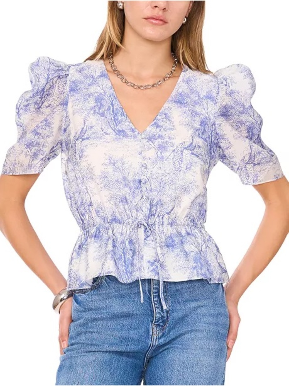 V-Neck Puff Sleeve Drawstring Peplum Top - Blue/White